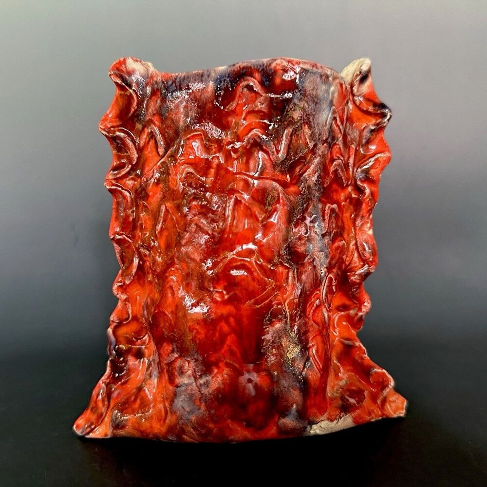 Fiery Flame Volcanic Lava Glaze Orange Red Studio Pottery Slab Vase Signed 2002